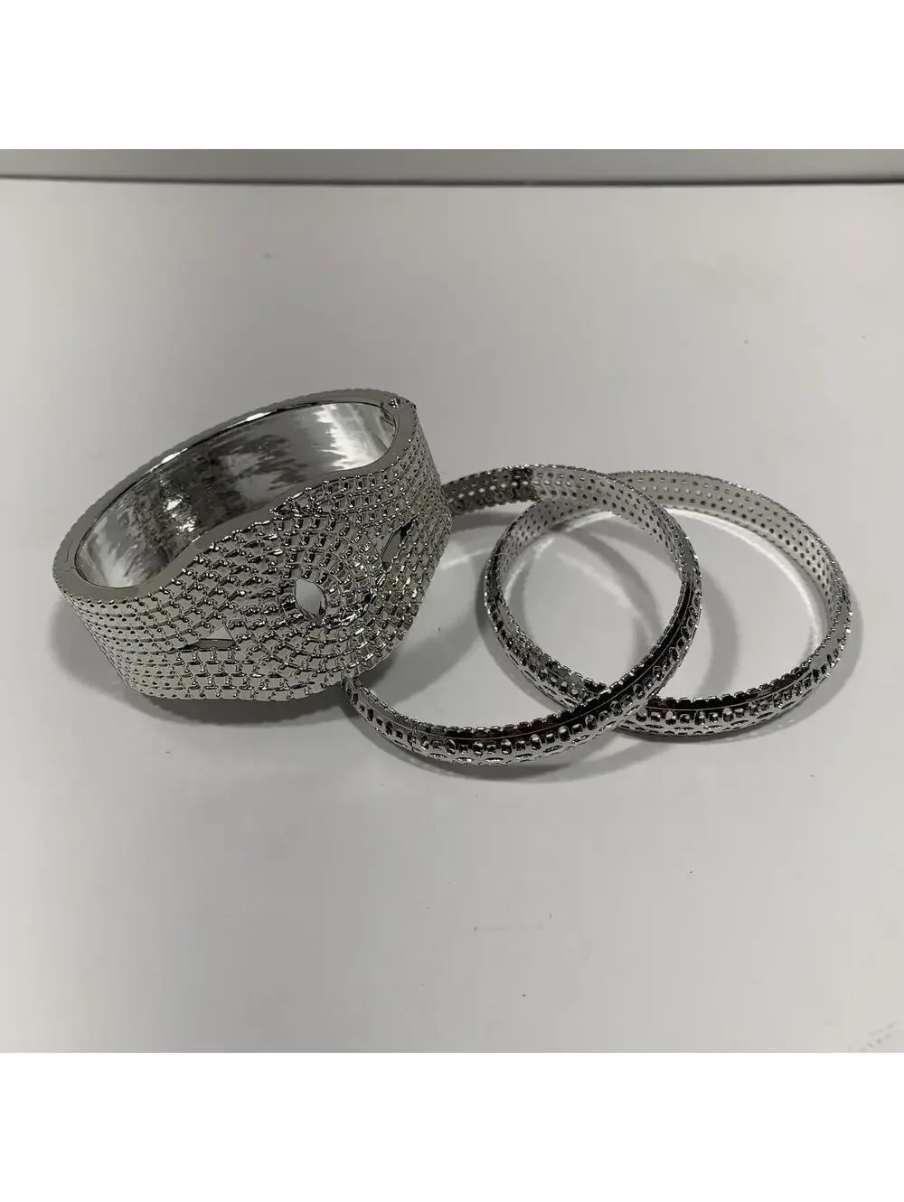 Silver Tone Textured Cuff Bracelet W/ 2 Matching Bangles -Modern Statement Jewel